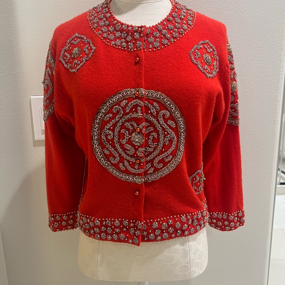 Vintage Red Embellished Women's cardigan Sweater